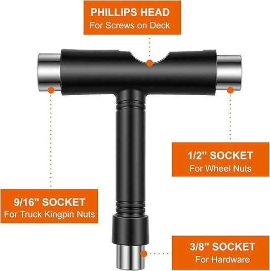Skate Tools All-in-One, Skateboard T Tool, Tool Accessory with T-Type Allen Key and L-Type Phillips Head Wrench Screwdriver for Adjust Skateboards, Roller Skates, Longboards