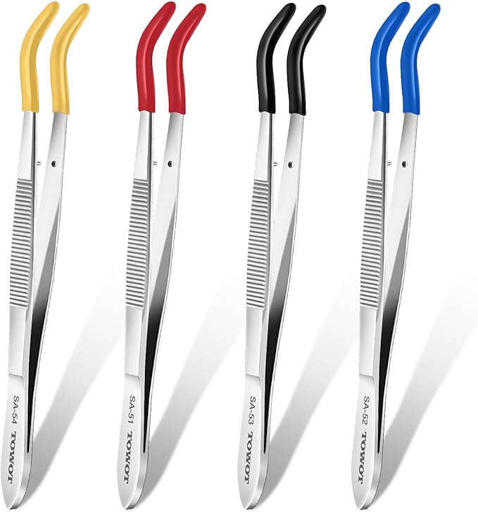 TOWOT 2 PCS Rubber Tipped Tweezers, PVC Rubber Coated Tweezers Bent and Straight Flat Tip craft Tweezers for Stamp Jewelry Hobby Crafts Industrial Electronic(red)
