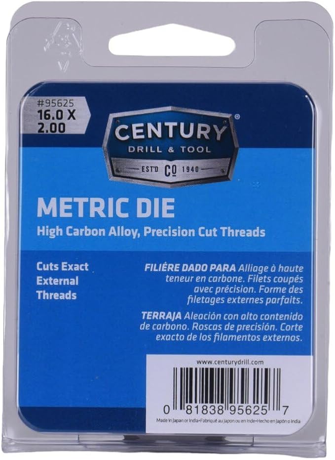 Century Drill & Tool, 95625, 16X2.00, Hex Die, Precision Cut External Threads, High Carbon Alloy Steel