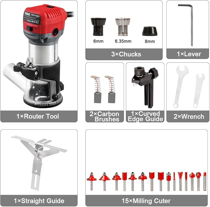 TEENO Wood Router, 6.5 Amp 1.25 HP Compact Router Tools for Woodworking, 13000-33000 RPM Hand Trim Router with 15pcs 1/4" Bits Set, 6 Variable Speeds, Edge Guide, Roller Guide