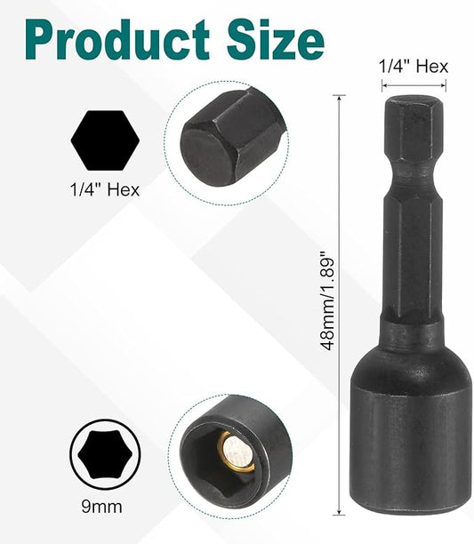uxcell 2Pcs 1/4" Hex Shank 9mm Magnetic Hex Socket 48mm Length, CR-V Steel Quick-Release Impact Driver Socket Wrench Screw for Impact Drill Power Nut Setter