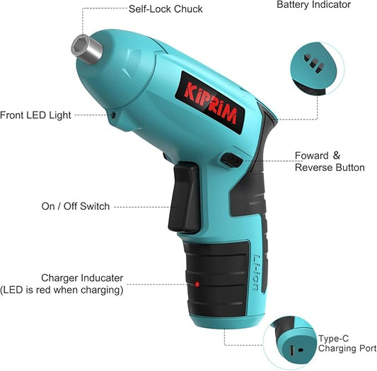 Small 4V Electric Screwdriver,Kiprim ES3 Cordless Screwdriver Tool with Rechargeable Battery,LED Front Light & Power Display Light for Home DIY Blue