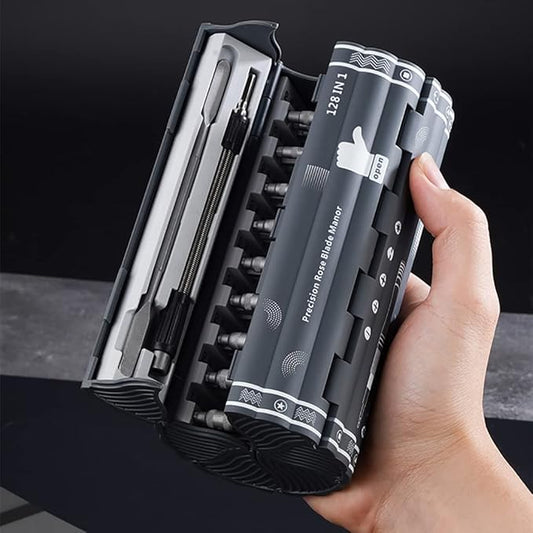 Precision Screwdriver Set Cylinder Organizing Case 128pcs in 1 Case S2 Alloy Steel HRC 56 Hardness Bits Space-saving Roll-up Case Professional Toolset Magnetizing Bit Heads for most sizes (9906)