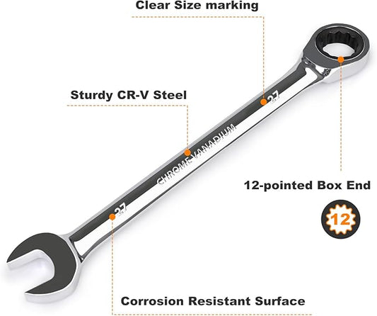 Egofine 27mm Ratcheting Combination Wrench Metric, Industrial Grade Gear Spanner with 12-Point Design, 72-Tooth Ratchet, Chrome Vanadium Steel