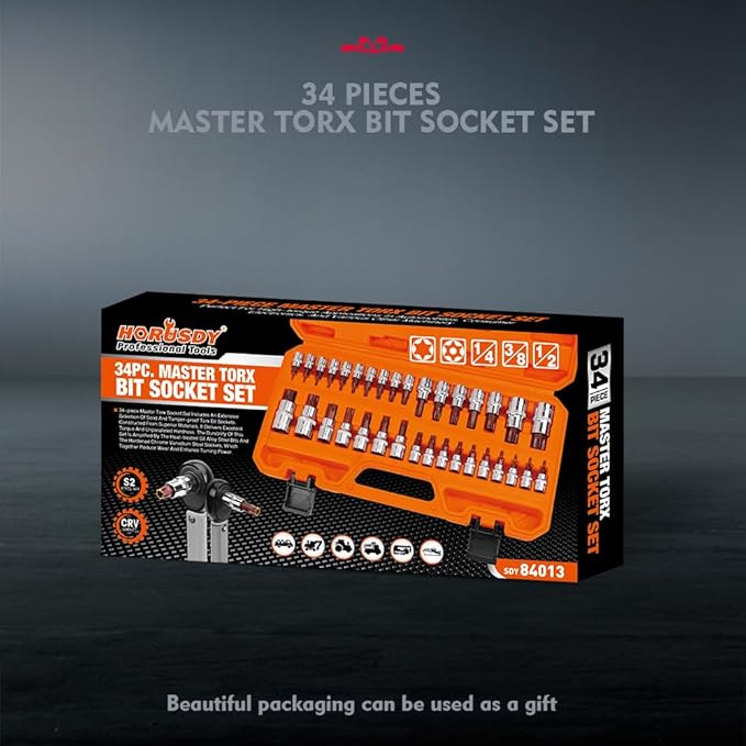 HORUSDY 34-Piece Master Torx Bit Socket Set, Premium S2 Alloy Steel, Solid & Tamper Proof Star Sockets T6-T70 (Tamper Proof from T10 to T70), Complete Kit with Heavy-Duty Storage Case