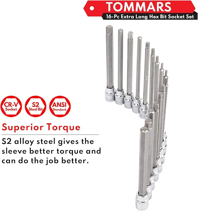 TOMMARS 16-Pc Long Hex Bit Socket Set, Extra Long Allen Socket Set, CR-V and S2 Steel, SAE & Metric 1/8-3/8 in., 3-10 mm.