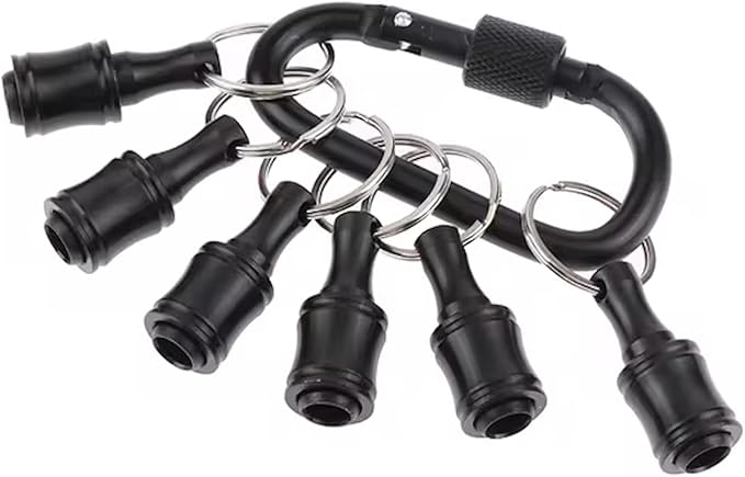 Bit Holder Keychain 6pcs - 1/4 inch Hex Shank Bit Holders - Quick Release Design for Nut Driver, Screwdriver & Drill Bits - Aluminum Alloy, Black - Include Keychain Carabiner - Gift for Men