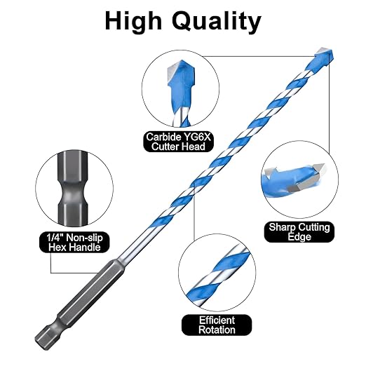 Concrete Drill Bit Set 10 Pcs, Masonry Drill Bit Set 1/4", Shockproof Hex Shank Drill Bit Set, Industrial Carbide Drill Bits for Class/Brick/Plastic/Cement/Tile