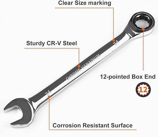 Egofine 24mm Ratcheting Combination Wrench Metric, Industrial Grade Gear Spanner with 12-Point Design, 72-Tooth Ratchet, Chrome Vanadium Steel
