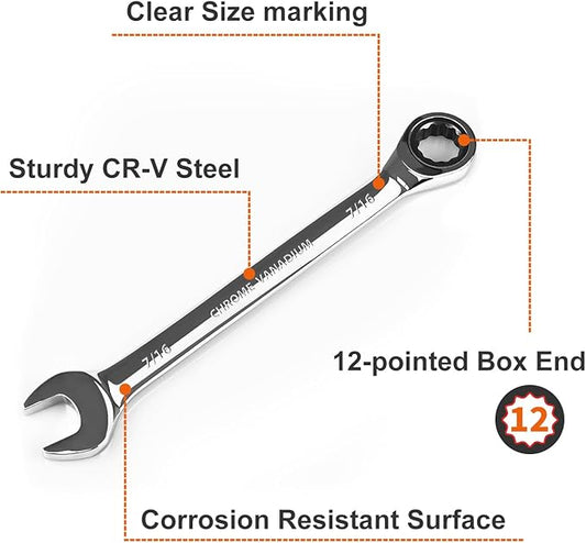 Egofine 7/16 inch Ratcheting Combination Wrench SAE, Industrial Grade Gear Spanner with 12-Point Design, 72-Tooth Ratchet, Chrome Vanadium Steel