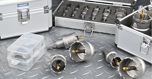 Mollom 11Pcs (13-54mm) TCT Carbide Hole Saw Kit for Hard Metal, Extra 2xTitanium & 2xStepped Pilot Drill bits and 3Pcs Hex Key for Stainless Steel, Iron,Aluminum,Alloy,Metal