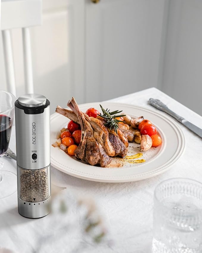 CIRCLE JOY Electric Salt and Pepper Grinder Set Stainless Steel Rechargeable Salt and Pepper Grinder Set, Variable Grinding Speed, External Adjustable Coarseness, Storage Base, White LED Light, Silver