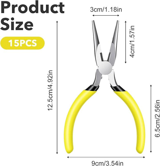 5" Needle Nose Pliers-15 Pack, Long Nose Pliers Set with Side Cutter, Mini Fine Needle Nose Pliers with Serrated Jaws, Precision Small Needle Nose Pliers for Jewelry Making/Electronics/Craft