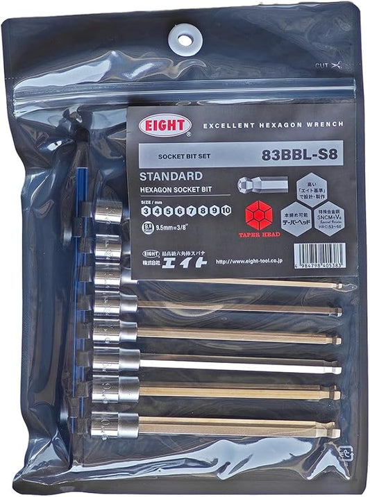 EIGHT TOOL 83BBL-S8 TAPER HEAD HEX SOCKET BIT 3/8 INCH DRIVE, 6 INCH OAL, 8 Piece SET