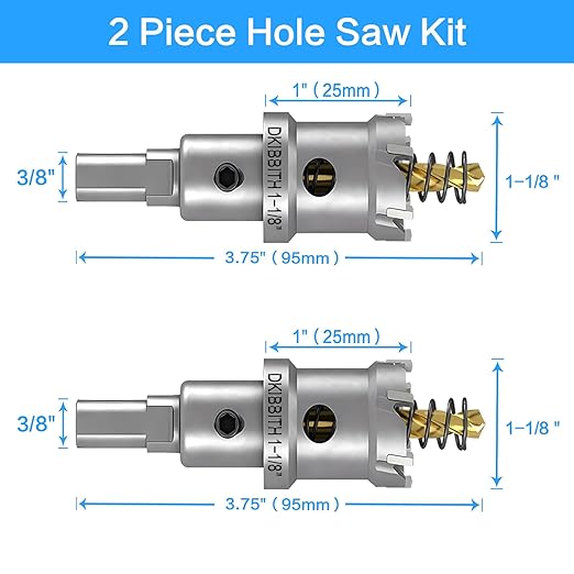 TCT Hole Saw Set, 2-Pack of 1-1/8" (28mm) Heavy Duty Tungsten Carbide Tipped Hole Cutters for Stainless Steel Mild Steel Copper Iron Brass Plastic and More, with Titanium-Plated Pilot Drill Bits