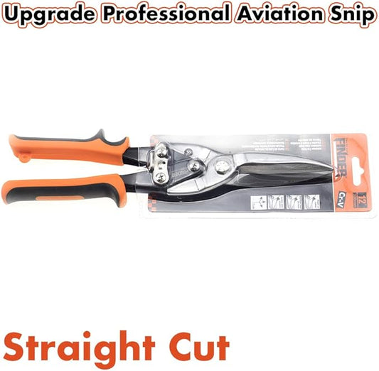 Finder 12" Aviation Snips, Long Straight Cut Tin Snips Cutting Shears Power Cutter with CR-V Blade & Comfortable Grip, 300mm Scissors for Cutting Metal Sheet, Hard Material, Industrial Quality
