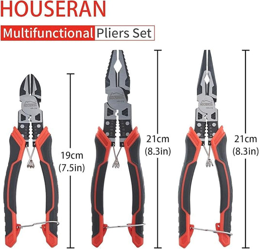 Pliers Set, HOUSERAN 3-Piece Plier Tool Set Including 8.3??Needle Nose Plierss, 8.3??Linemans pliers, 7.5??Diagonal Cutters, Spring Loaded with Safety Lock, Combination Plieres set
