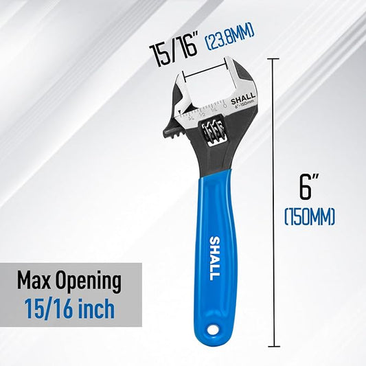 SHALL 6 Inch Adjustable Wrench, Cr-V Steel Spanner with Cushion Grip, Wide Jaw Black Oxide Wrench with Laser-etched SAE Scales for Home, Garage, Workshop and DIY