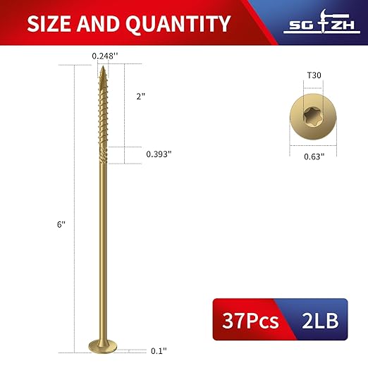 #14 x 6 Inch Outdoor Structural Wood Deck Screws (37Pcs/2lb), Carbon Steel, Tan, Flat Head, Rust Resistant Epoxy Coated, T30 Star Bit