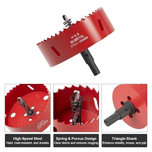3-15/16" (100mm) Bi-Metal M42 High Speed Steel Hole Saw with Pilot Drill Bit, Smooth Cutting Edge for PVC, Drywall, Wood, Plastic, Gypsum Board, Rubber, Thin Metal
