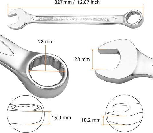 Jetech 28mm Combination Wrench - Industrial Grade, Chrome Vanadium Steel, Sand Blasted Finish, Precision-Machined 12-Point Opening, Off-Corners Design, 15-Degree Offset