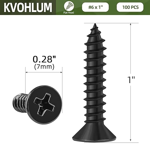 100 PCS #6 x 1 Black Sheet Metal Screws, Flat Head Phillips Fast Self Tapping Screws, Countersunk Head Wood Screws, Carbon Steel, Screwdriver Bit Included