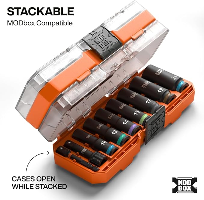 Klein Tools 65109IMPCTM KNECT Deep-Well 3/8-Inch Drive Impact Socket Set, Metric, 9-Piece Tool Set with Impact Driver Adapter, Multi-Purpose Wrench Adapter, Color-Coded, MODbox Socket Organizer