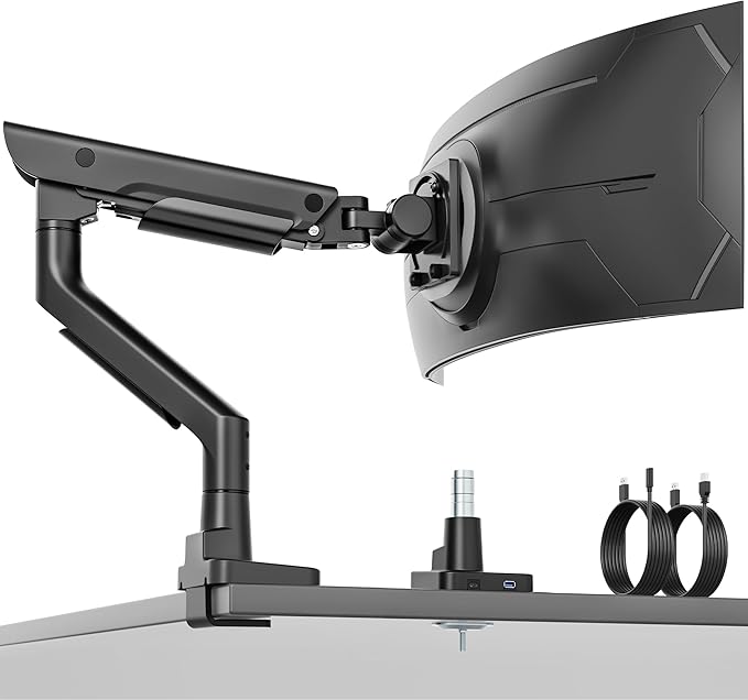 monTEK Sleek Aluminum Monitor Arm for 17??7??Ultrawide Screens up to 59.4 lbs, USB 3.0 A/C, Heavy Duty Single Monitor Arm Desk Mount, Pneumatic Lift, Quick-Release Plate, Clamp/Grommet, VESA 100x100