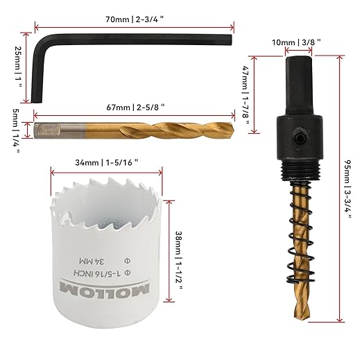 Mollom (34mm | 1-5/16") HSS M42 with 8% Cobalt BI-Metal Hole Saw with 2 Pilot Drill Bits & Arbor Smooth Cutting for PVC,Drywall,Wood,Plastic,Gypsum Board,Rubber