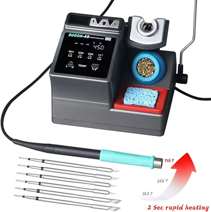 SUGON A9 245 Digital Soldering Station 3 Seconds Fast Heating, 110V Soldering Iron Station of with 6 Integrated Soldering Iron Tips Equipped, 212-842?? Soldering Iron Replacement Rack,etc