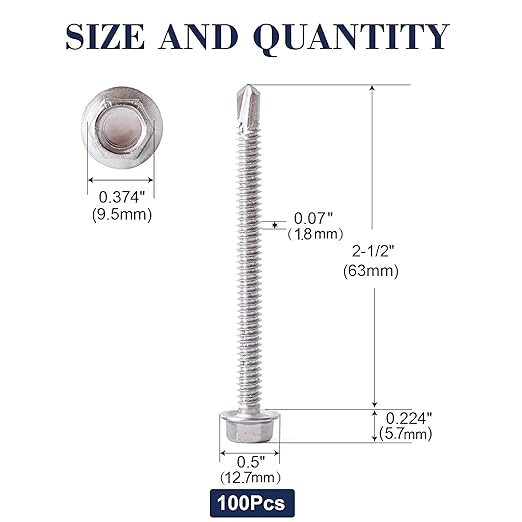 #14 x 2-1/2" Sheet Metal Screws 100PCS 410 Stainless Steel Hex Washer Head Fast Self Tapping Screws by SG TZH