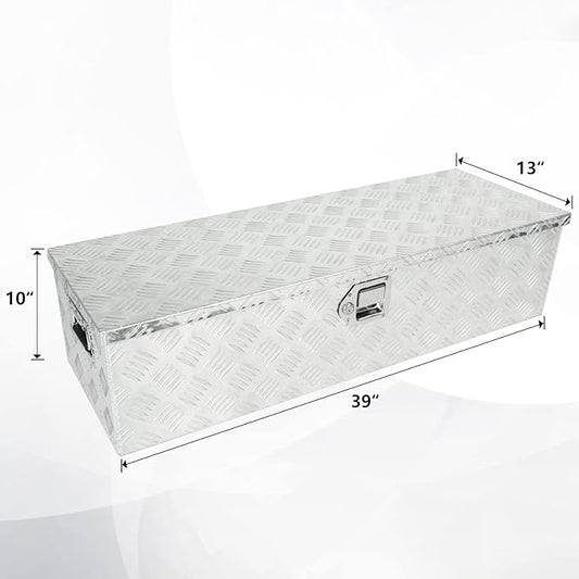 confote 39 Inch Heavy Duty Aluminum Stripes Plated Tool Box Pick Up Truck Bed RV Trailer Toolbox Waterproof Square Storage Organizer with Side Handle, Lock and Keys -39"x 13"x 10",Silver
