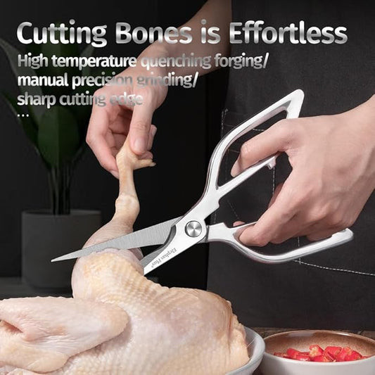 Silvery All Stainless Steel Food Scissors - Design Sense and Appearance - Food Cutter with Easy Clean Sharp Blade - Kitchen Scissors for Festive Gift with Gift Box