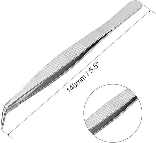 uxcell 2 Pcs 5.5-Inch Stainless Steel Tweezers with Curved Pointed Serrated Tip