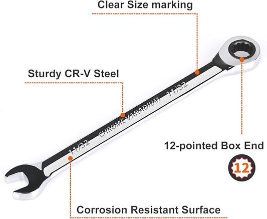 Egofine 11/32 inch Ratcheting Combination Wrench SAE, Industrial Grade Gear Spanner with 12-Point Design, 72-Tooth Ratchet, Chrome Vanadium Steel