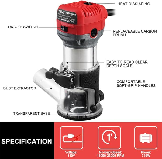 TEENO Wood Router, 6.5 Amp 1.25 HP Compact Router Tools for Woodworking, 13000-33000 RPM Hand Trim Router with 15pcs 1/4" Bits Set, 6 Variable Speeds, Edge Guide, Roller Guide