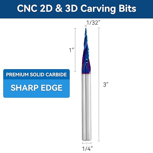 2 PCS CNC Router Bits 1/4 inch Shank Spiral Tapered Ball Nose 2D & 3D Carving Bit 6.2 Deg Tapered Angle Ball End Mill 3" OVL for Wood Carving Engraving Detail Profile