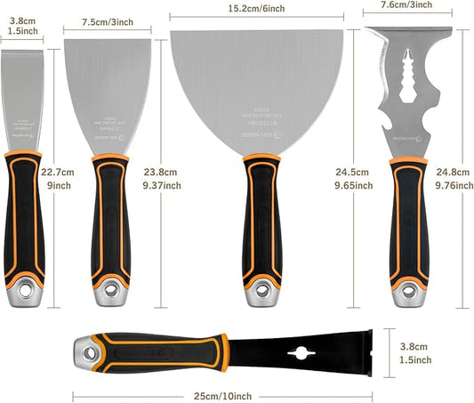 ROLLINGDOG 5 PC Drywall Repair Knife Set - Include Putty Knife Needed for Drywall Work (1.5" Stiff Blade Scraper, 1.5" Pry Bar, 14-1 Mutil Painter's tool,3" and 6" Flexible Putty Knife)