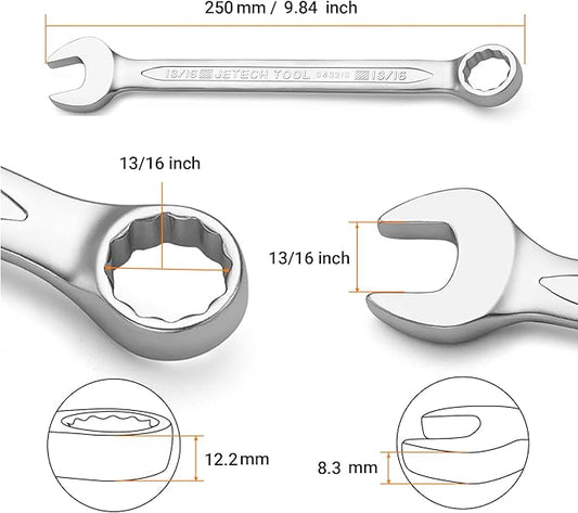 Jetech 13/16" Combination Spanner - Durable SAE Inch Cr-V Steel High Strength Wrench in Sand Blasted Finish