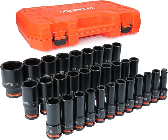 31-Piece 1/2" Drive Deep Impact Socket Set, SAE & Metric (3/8"-1-1/2" & 10-24mm), 6-Point Cr-Mo Steel for Auto Repair, with 3" Extension Bar, Sturdy Storage Case