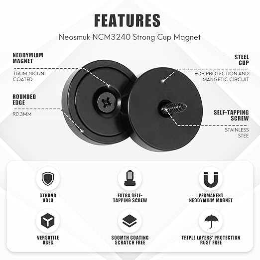 Neosmuk Magnets with Screws,130lbs+ Heavy Duty Rare Earth Neodymium Mounting Magnets with Holes,Countersunk Round Disc Industrial Magnets for Wall Mounting,10 Pack,Black