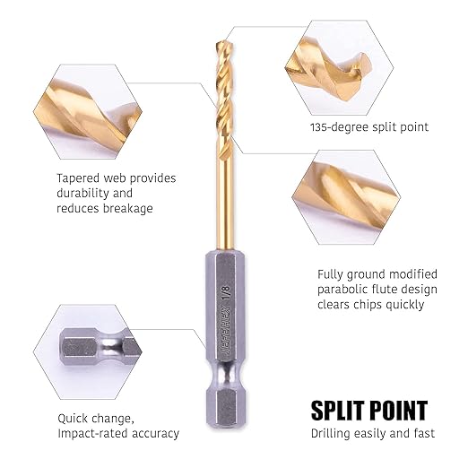 JEFE HEX 1/8" Hex Shank Drill Bits - 12 PCS HSS Titanium Drill Bits with Quick Change Shank Impact Driver Twist Drill Bit Set