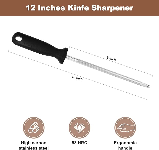 12 Inches Knife Sharpening Steel Rod, High Carbon Steel Honing Rod with 9 Inches Sharpening Steel and Ergonomic PP Handle, Premium Kitchen Knife Sharpener for Chefs and Home Cooks Use