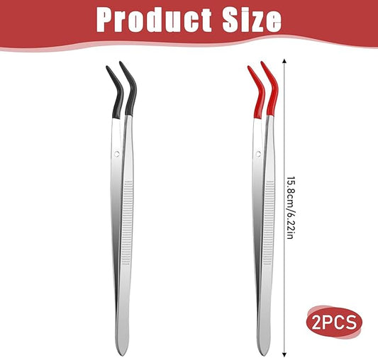 Rubber Tipped Tweezers, 2 Pcs Stainless Steel Curved Craft Tweezers PVC Coated Long Jewelry Tweezer Set for Crafts Stamps Coin Beads Jewelry Industrial Electronic Lab (Red, Black)
