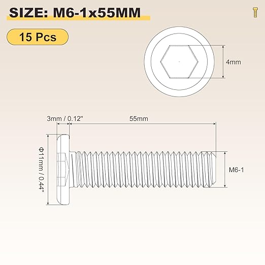 METALLIXITY Flat Head Hex Socket Cap Screws Bolts(M6-1x55) 15Pcs, Steel Hex Socket Furniture Bolts Screws - for Furniture Woodworking Project, Black