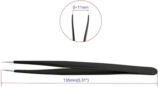 Aoje-Link ESD-12 Professional Anti-Static Precision Technology Tweezers, Non-magnetic Fine Tip Straight, Stainless Steel Plastic Coated, Full Length 135mm, Black, 5pcs