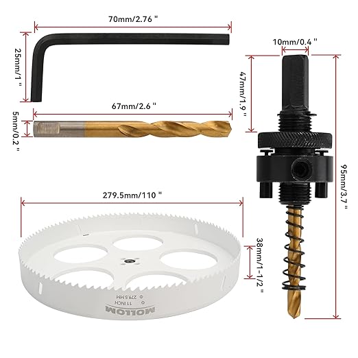 Mollom (279.5mm | 11") HSS M42 with 8% Cobalt BI-Metal Hole Saw with 2 Pilot Drill Bits & Arbor Smooth Cutting for PVC,Drywall,Wood,Plastic,Gypsum Board,Rubber
