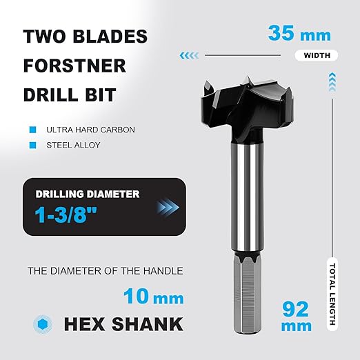 1-3/8 Inch Forstner Drill Bit Carbide Tipped,Woodworking Hinge Cutter for Precise Flat Bottom Holes in Hard Wood,Plywood,Plastic - Professional Grade