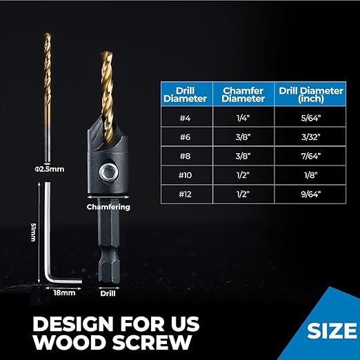 toolant Countersink Drill Bit Set,5Pcs Counter Sink Drill Bit Set for Wood,#4, #6, #8, #10, #12, High-Speed Steel 5 Spare Bits Adjustable for Woodworking and Carpentry, Pilot Screw Hole Set