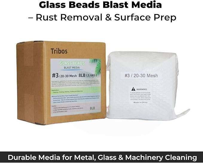 Glass Bead Media for Sandblasting ??8LB Non-Silica Reusable Blasting Abrasive for Rust Removal & Surface Finishing ??Multiple Mesh Options (# 3 (20~30Mesh))